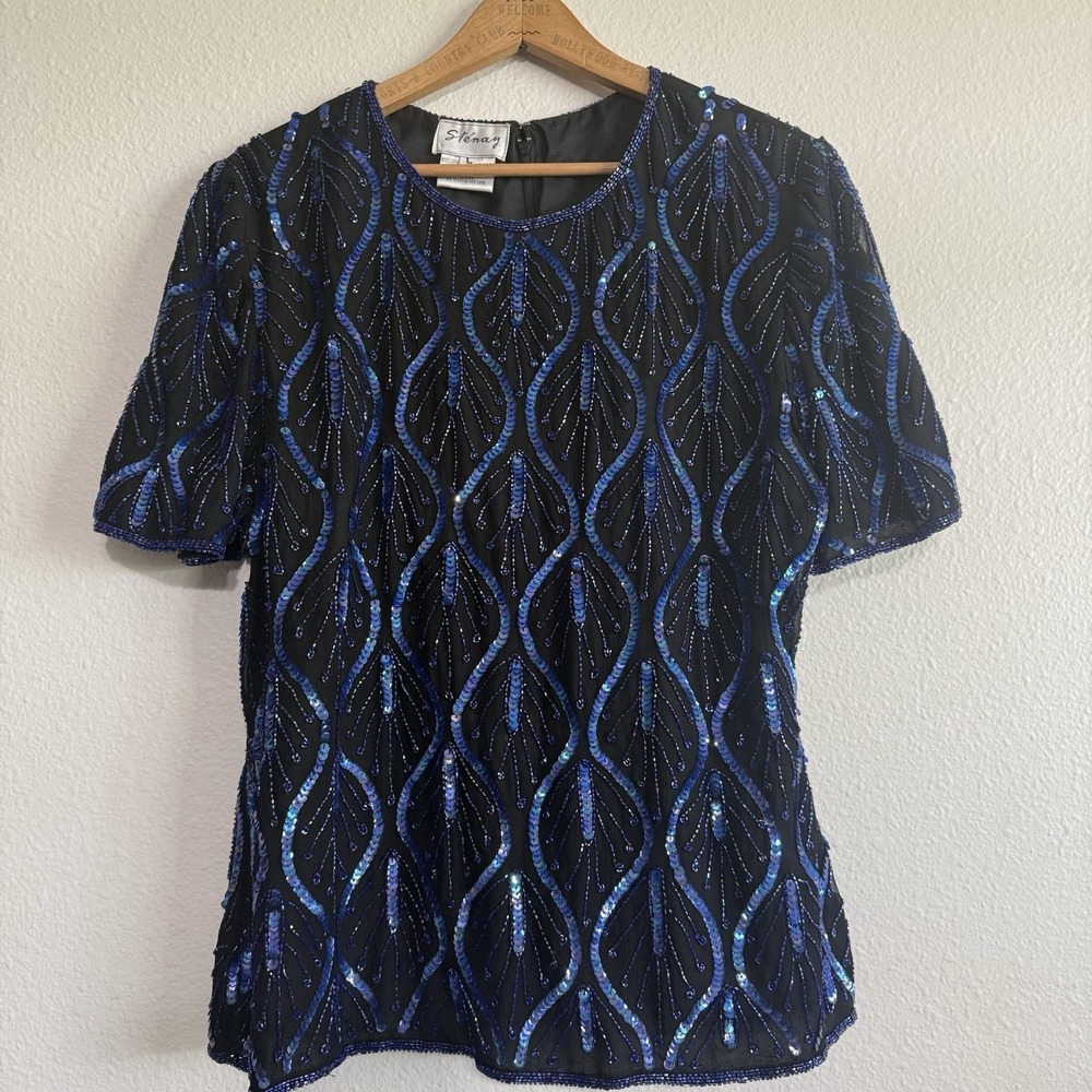 VTG STENAY Blue Iridescent Blouse Top Sequins Beads S/S Silk Zip Back‎ Large